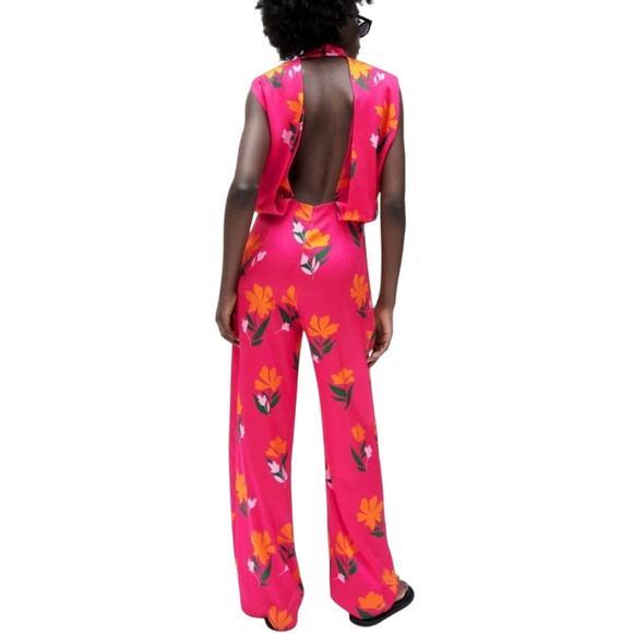 Zara Sleeveless Cut-Out Back Floral Jumpsuit in Bright Pink size Medium NWT - Picture 7 of 9